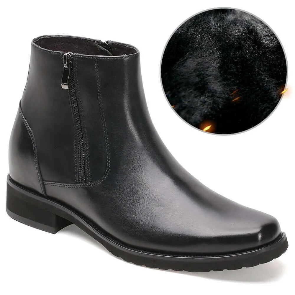 8CM / 3.15 Inches - CMR CHAMARIPA  Elevator Boots For Men Black Leather With Side Zipper Fur Lined Winter Boots