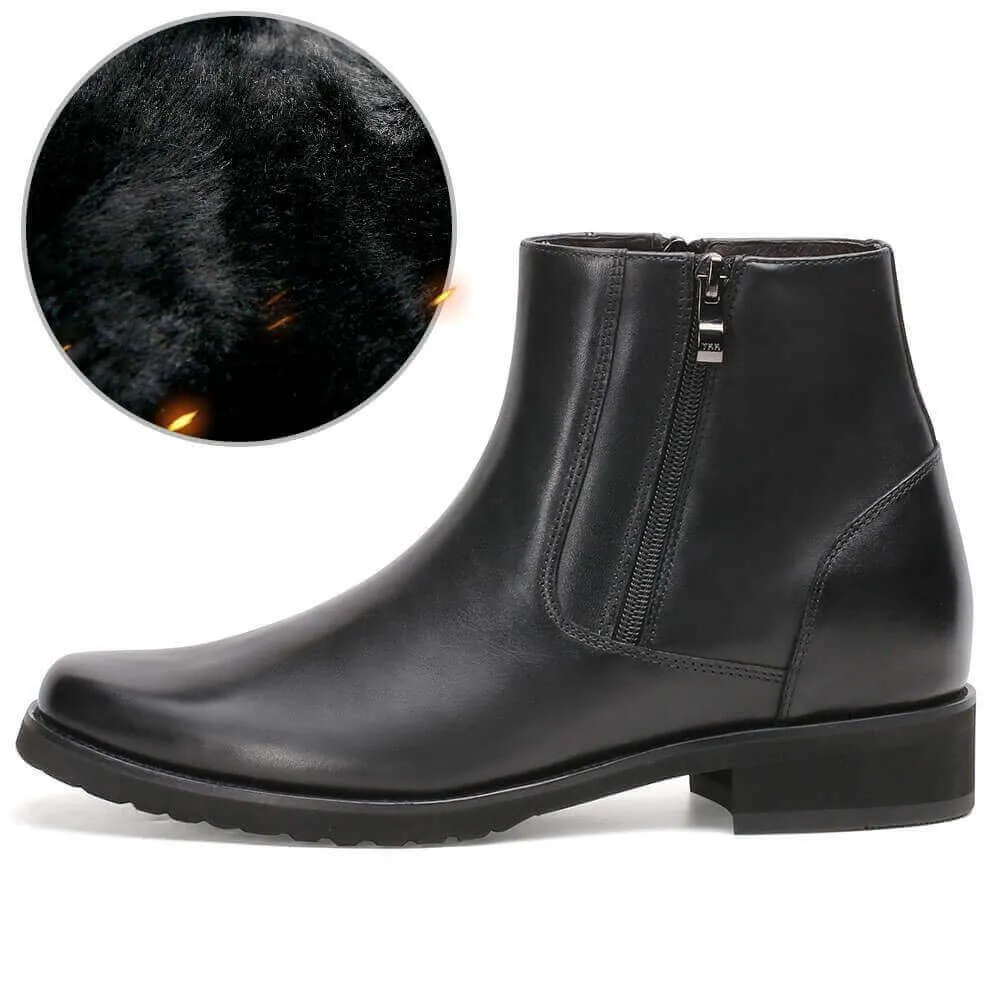 8CM / 3.15 Inches - CMR CHAMARIPA  Elevator Boots For Men Black Leather With Side Zipper Fur Lined Winter Boots