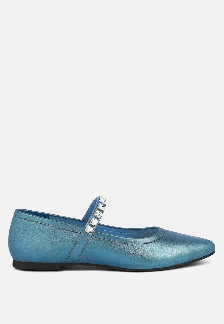 Alverno Metallic Diamante Mary Jane Leather Flats