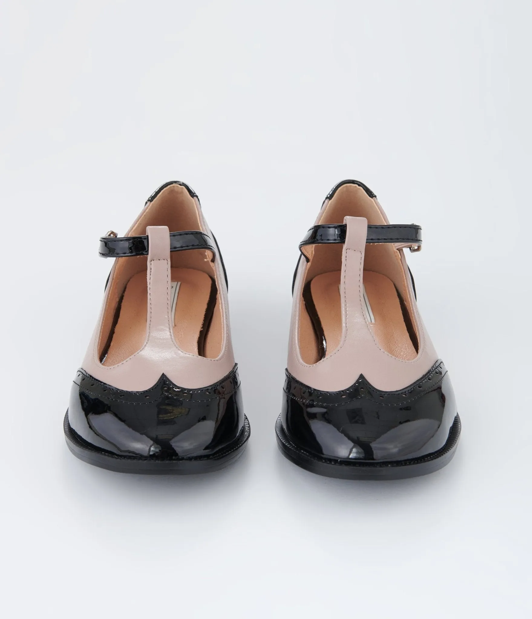 Beige & Black Patent Leatherette Oxford T-Strap Flats