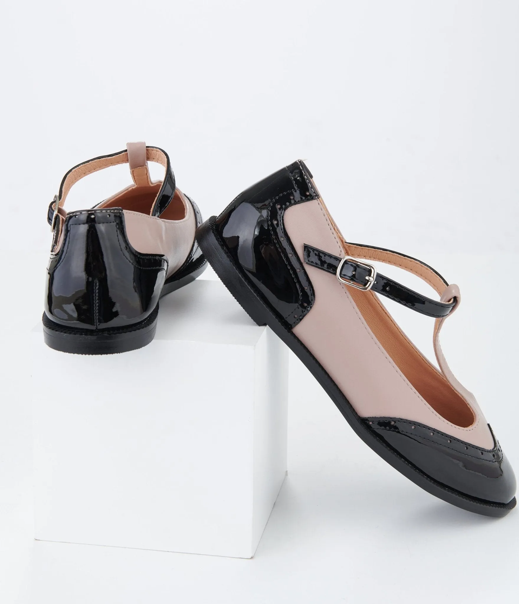 Beige & Black Patent Leatherette Oxford T-Strap Flats