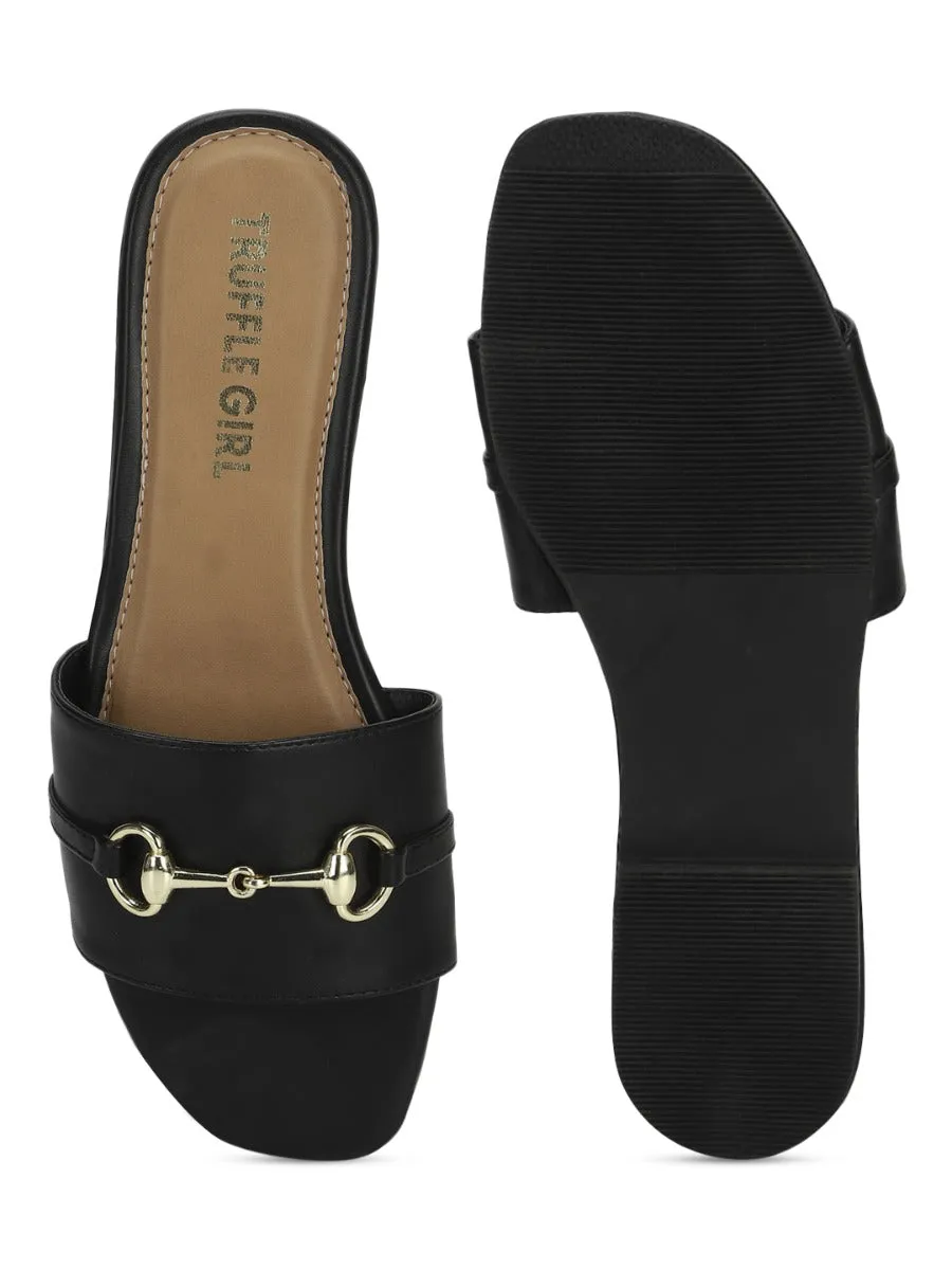 Black PU Slip Ons With Buckle Strap