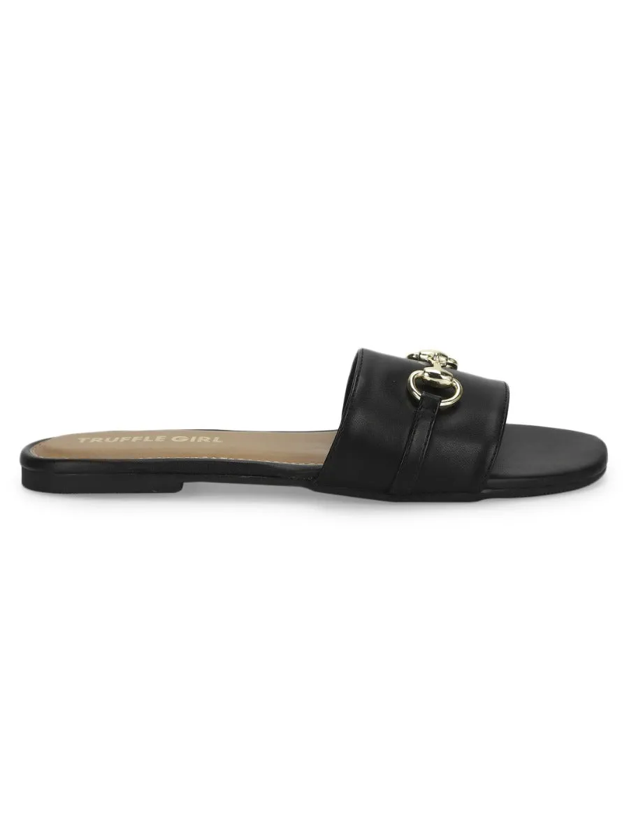 Black PU Slip Ons With Buckle Strap