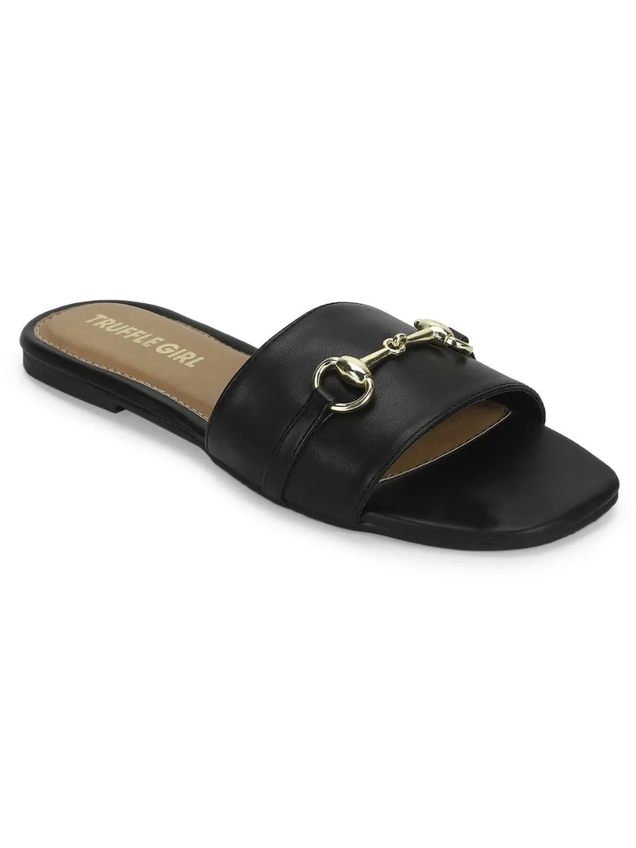 Black PU Slip Ons With Buckle Strap