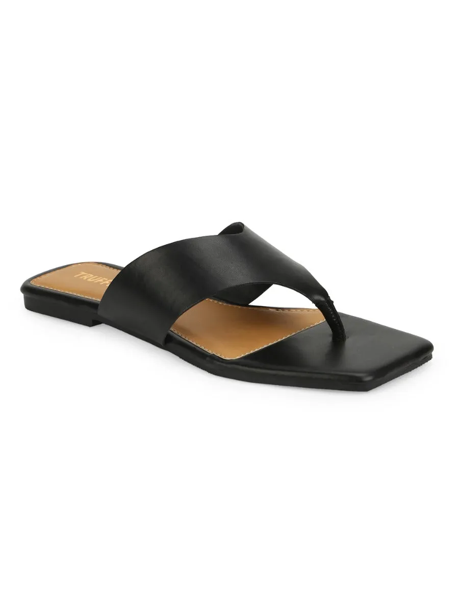 Black PU Square Toe Flip Flop Slippers