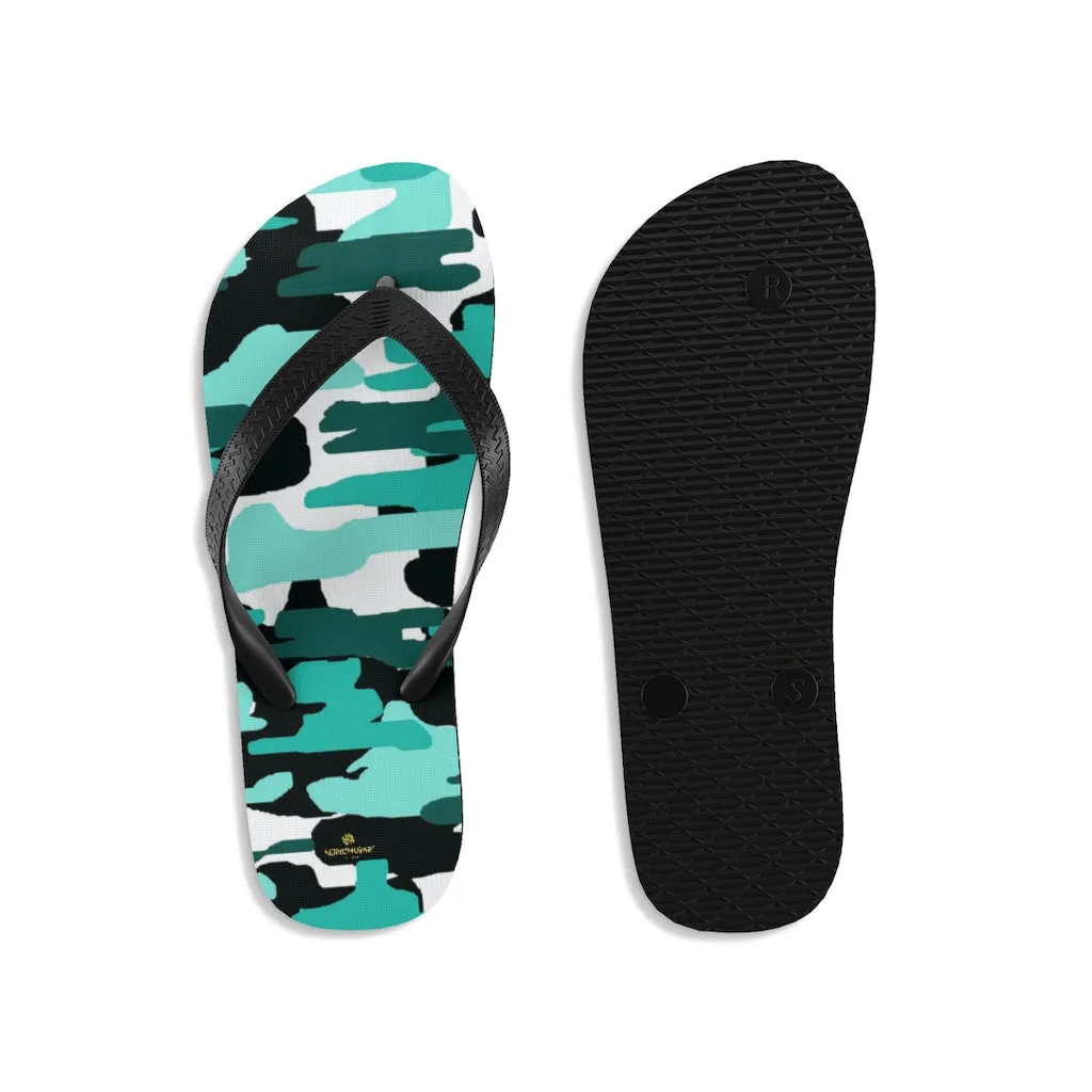 Camouflage Teal Blue Flip Flops, White Camo Military Print Unisex Flip-Flops Sandals- Made in USA