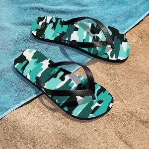 Camouflage Teal Blue Flip Flops, White Camo Military Print Unisex Flip-Flops Sandals- Made in USA