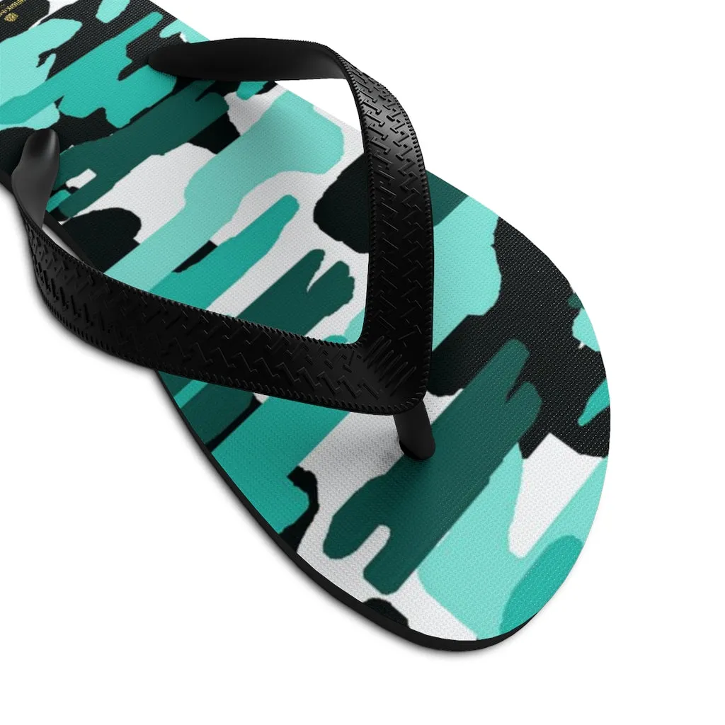 Camouflage Teal Blue Flip Flops, White Camo Military Print Unisex Flip-Flops Sandals- Made in USA