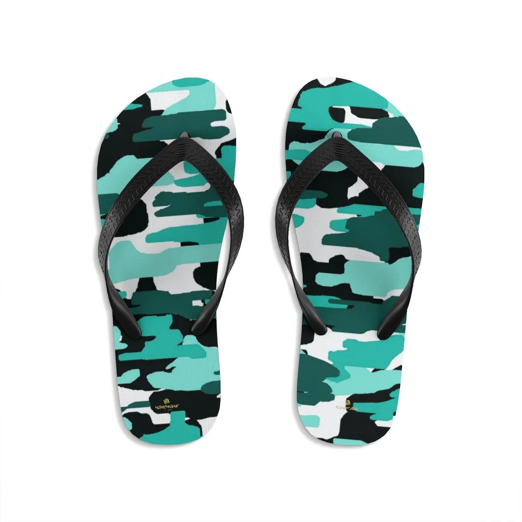 Camouflage Teal Blue Flip Flops, White Camo Military Print Unisex Flip-Flops Sandals- Made in USA