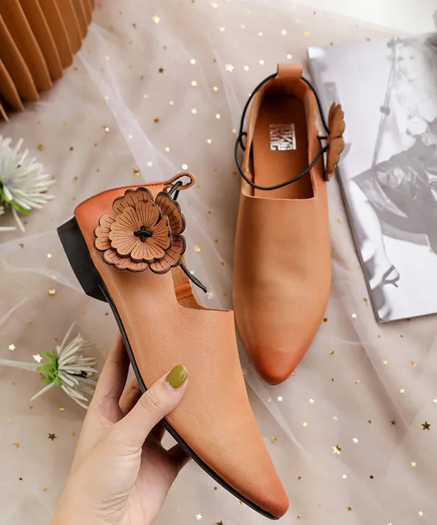 Casual Pointed Toe Flat Shoes For Women Pink Brown Cowhide Leather