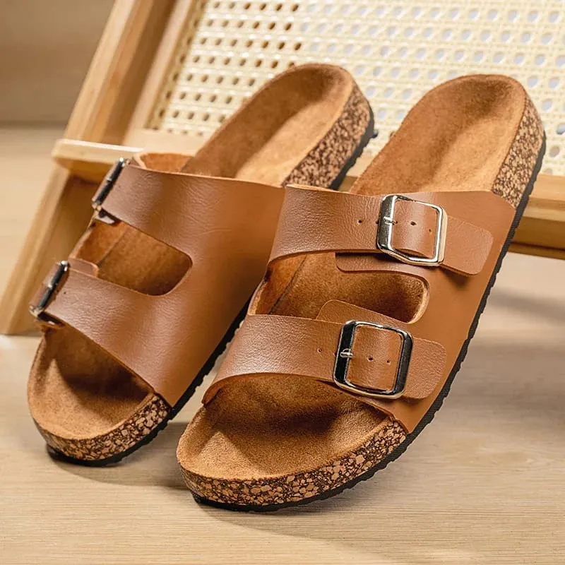 Classic Comfortable Summer Cork Sandals for Men in Black Leather