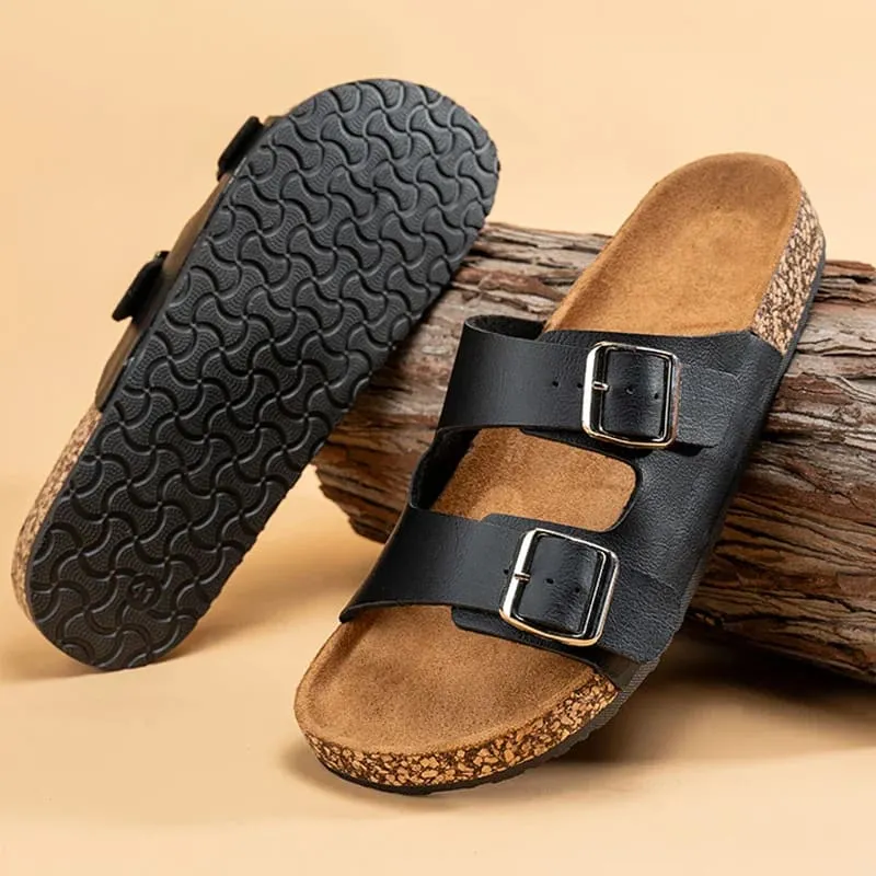 Classic Comfortable Summer Cork Sandals for Men in Black Leather