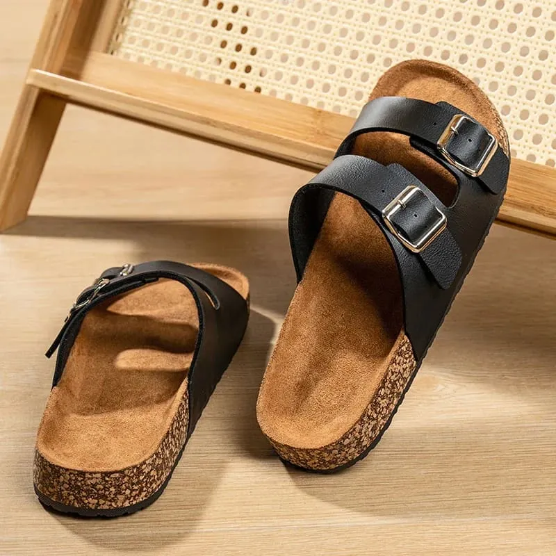 Classic Comfortable Summer Cork Sandals for Men in Black Leather