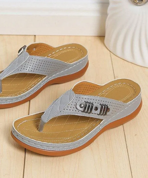 Comfy Grey Beach Flip Flops Faux Leather 2023 Splicing Rivet LY2671