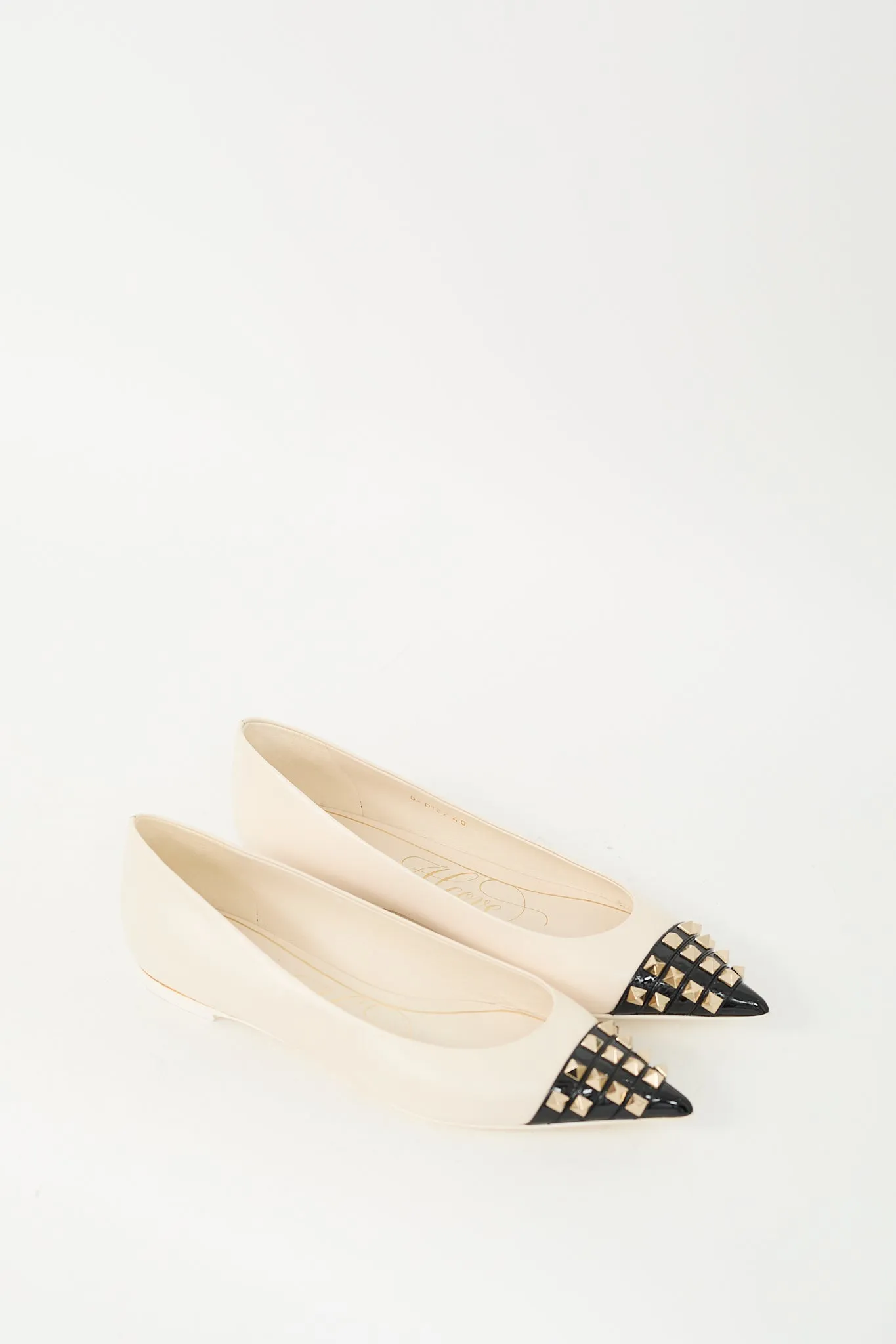 Cream & Black Leather Rockstud Pointed Toe Flat