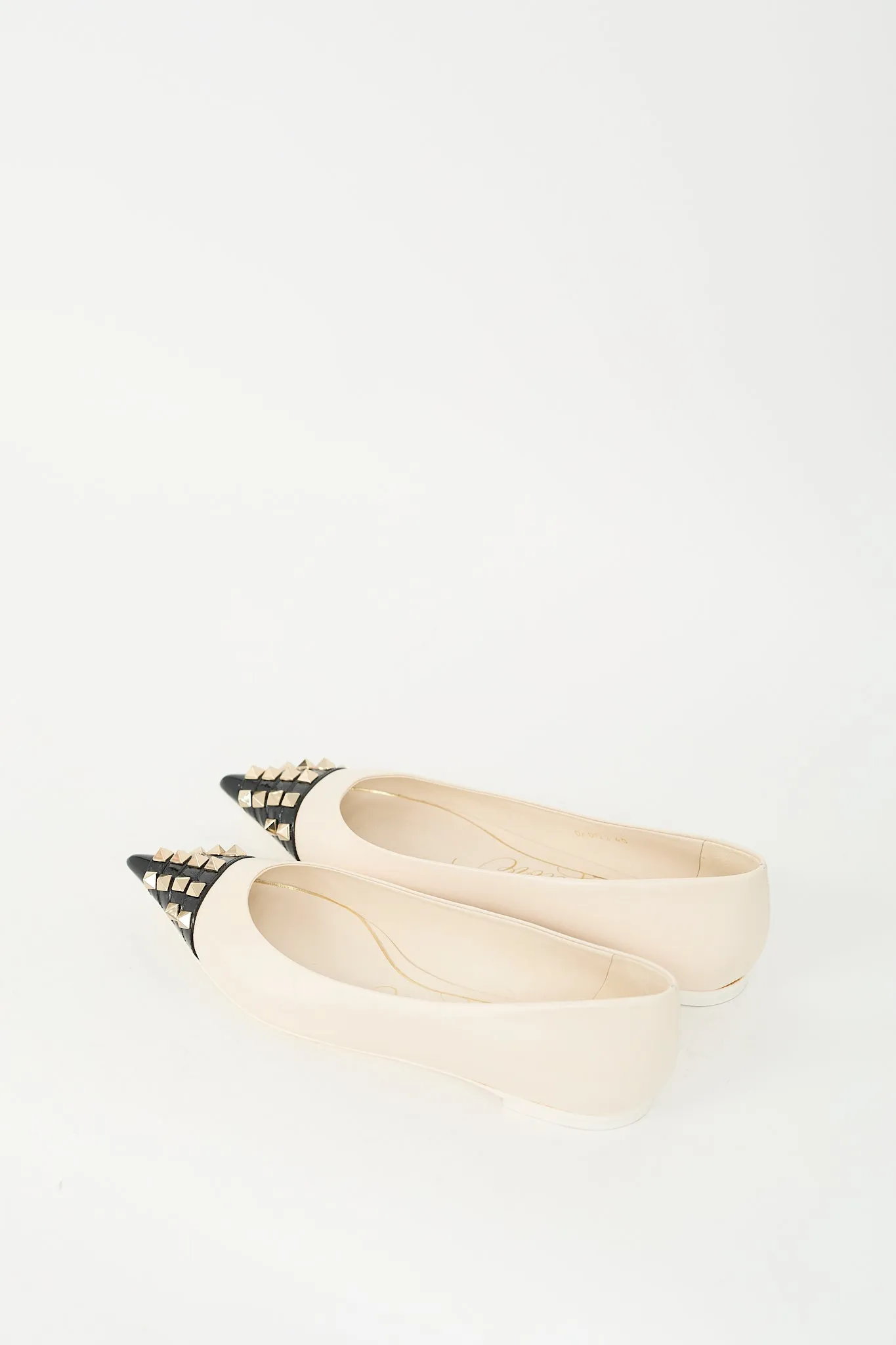 Cream & Black Leather Rockstud Pointed Toe Flat