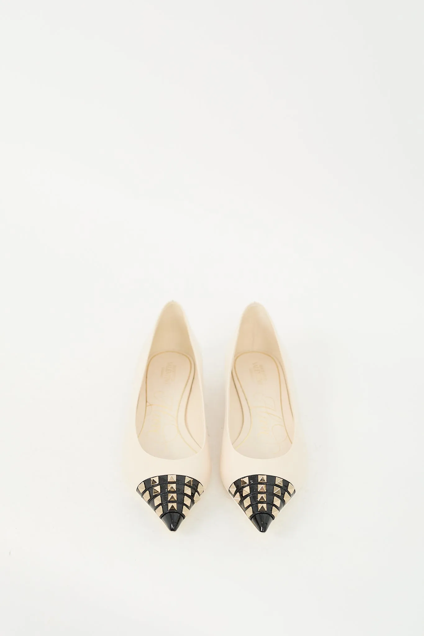 Cream & Black Leather Rockstud Pointed Toe Flat