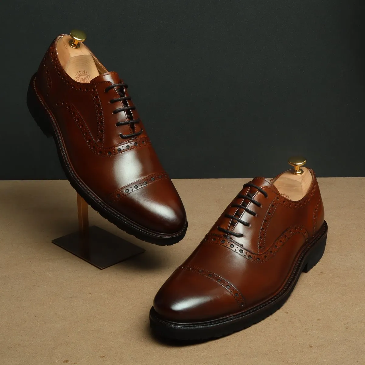 DARK BROWN BROGUE WITH CAP TOE IN LIGHT WEIGHT BY BRUNE & BARESKIN