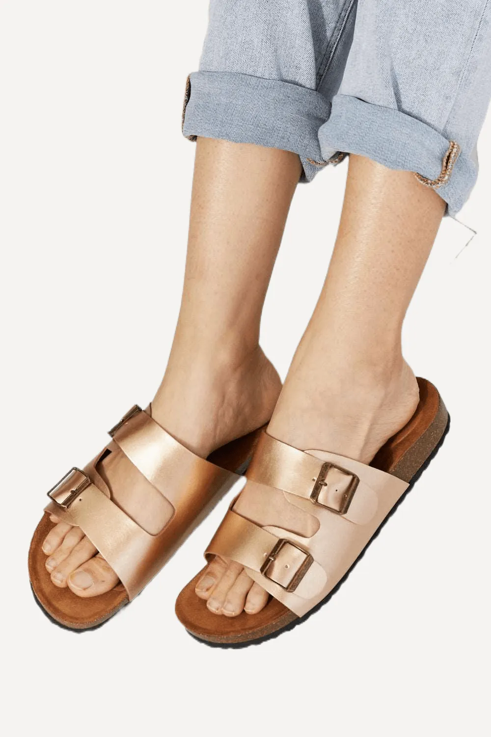 Double-Banded Slide Sandal in Gold