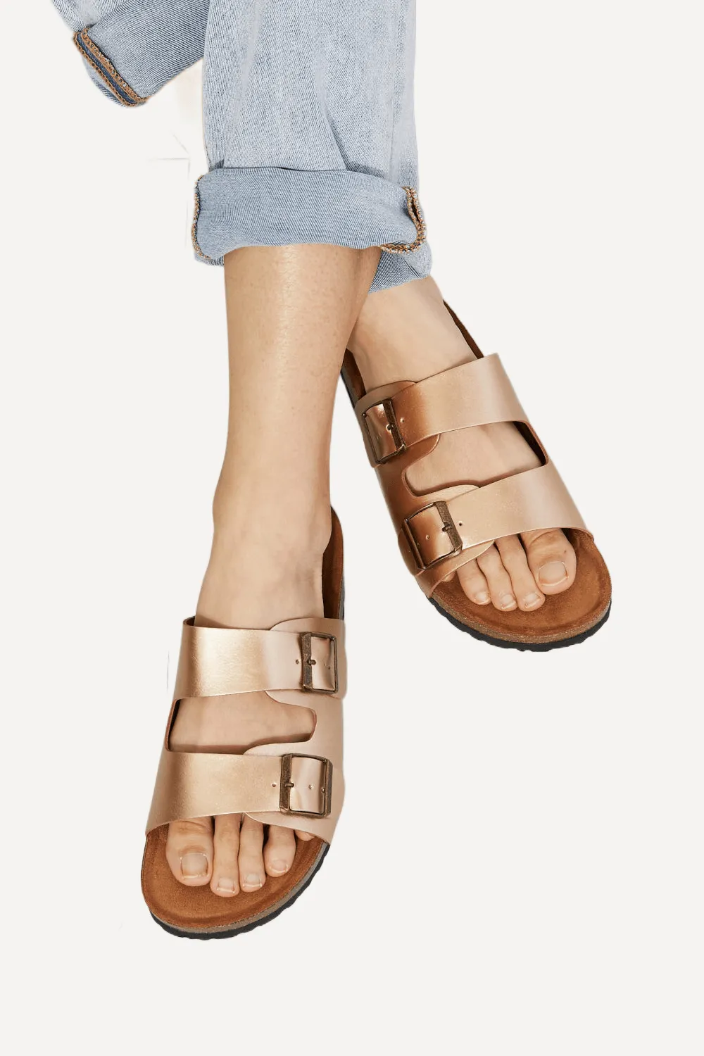 Double-Banded Slide Sandal in Gold