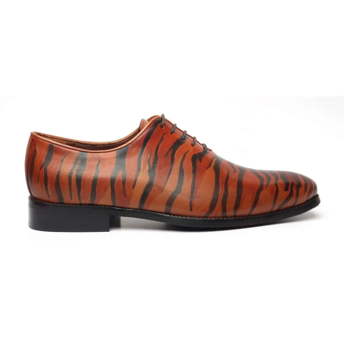 Hand Painted Tribal Tiger Styled Single Piece Tan Leather Oxfords Shoes by Brune & Bareskin