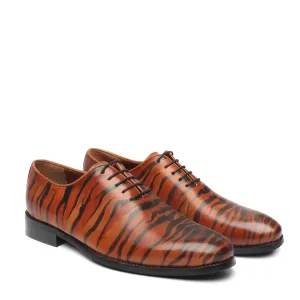 Hand Painted Tribal Tiger Styled Single Piece Tan Leather Oxfords Shoes by Brune & Bareskin