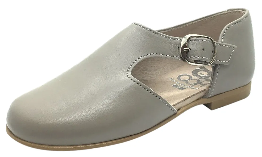 Hoo Shoes Girl's Grey Smooth Leather Single Strap Buckle with Side Cut-Out Oxford Shoes