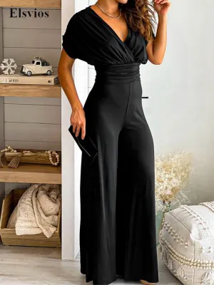 Joskaa Elegant Sexy V Neck Lady Jumpsuit Solid Backless High Waist Women Romper Office Fashion Wide Leg Pant One-Piece Playsuit Overall