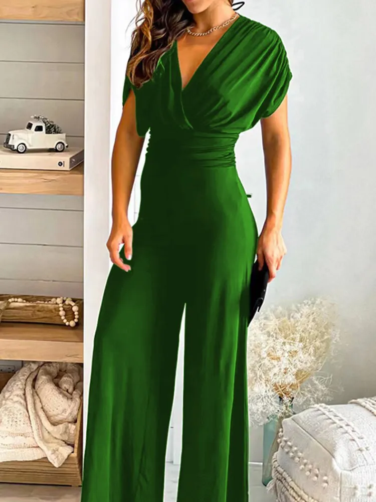 Joskaa Elegant Sexy V Neck Lady Jumpsuit Solid Backless High Waist Women Romper Office Fashion Wide Leg Pant One-Piece Playsuit Overall