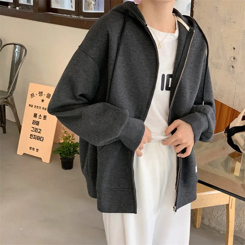 Joskaa Zip-Up Hoodies Women 2022 Harajuku Korean Style Solid Loose Hooded Sweatshirt Autumn Casual Pocket Oversize Jacket Student Coats