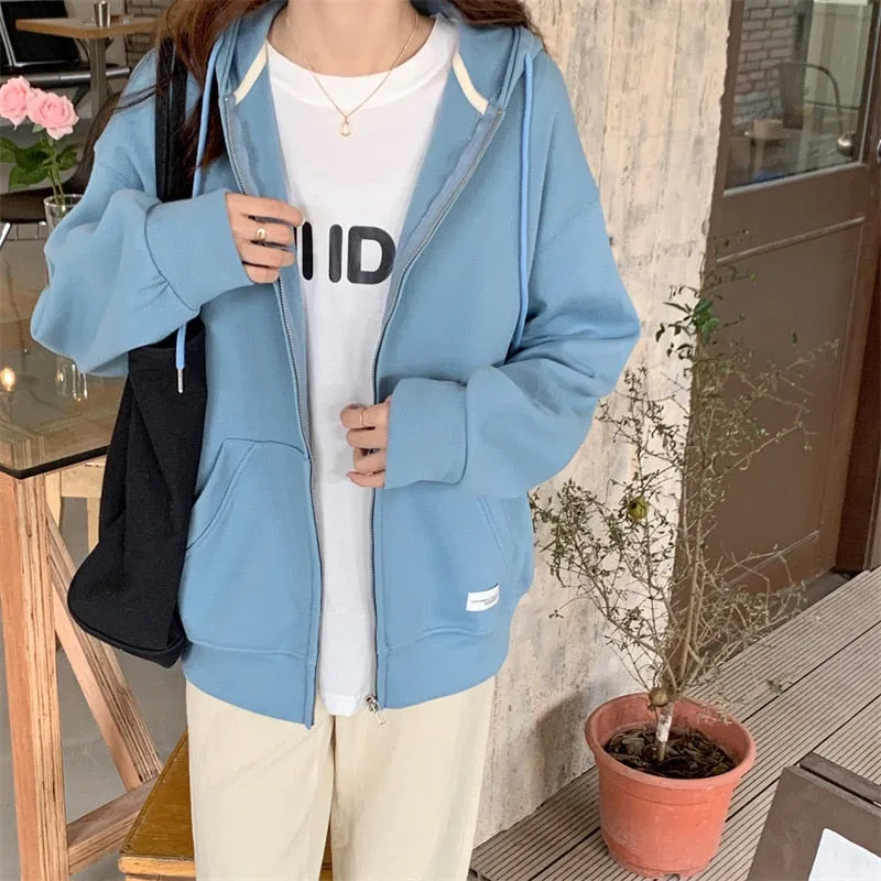 Joskaa Zip-Up Hoodies Women 2022 Harajuku Korean Style Solid Loose Hooded Sweatshirt Autumn Casual Pocket Oversize Jacket Student Coats