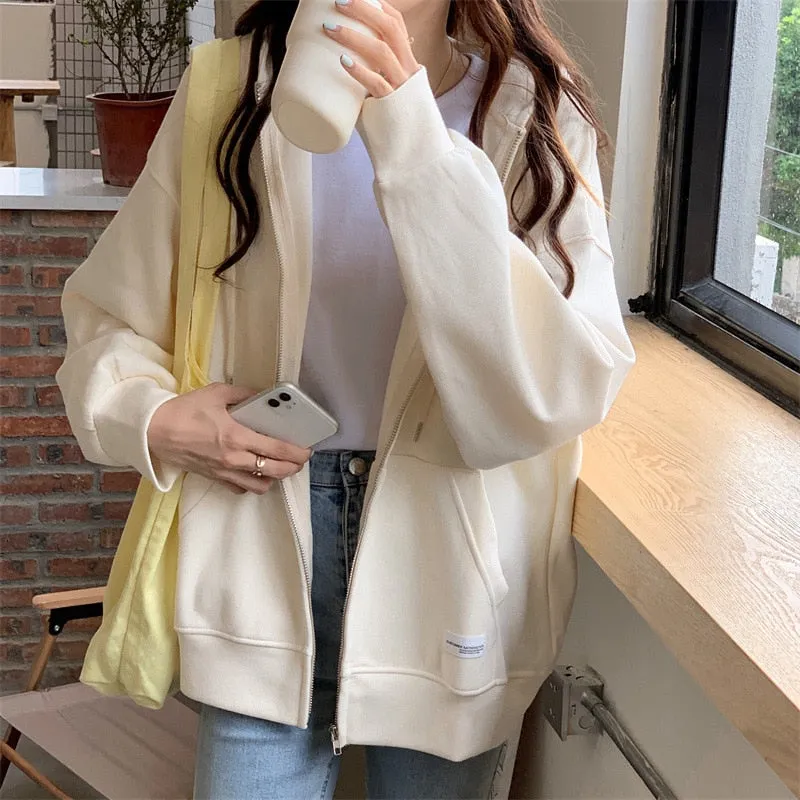 Joskaa Zip-Up Hoodies Women 2022 Harajuku Korean Style Solid Loose Hooded Sweatshirt Autumn Casual Pocket Oversize Jacket Student Coats