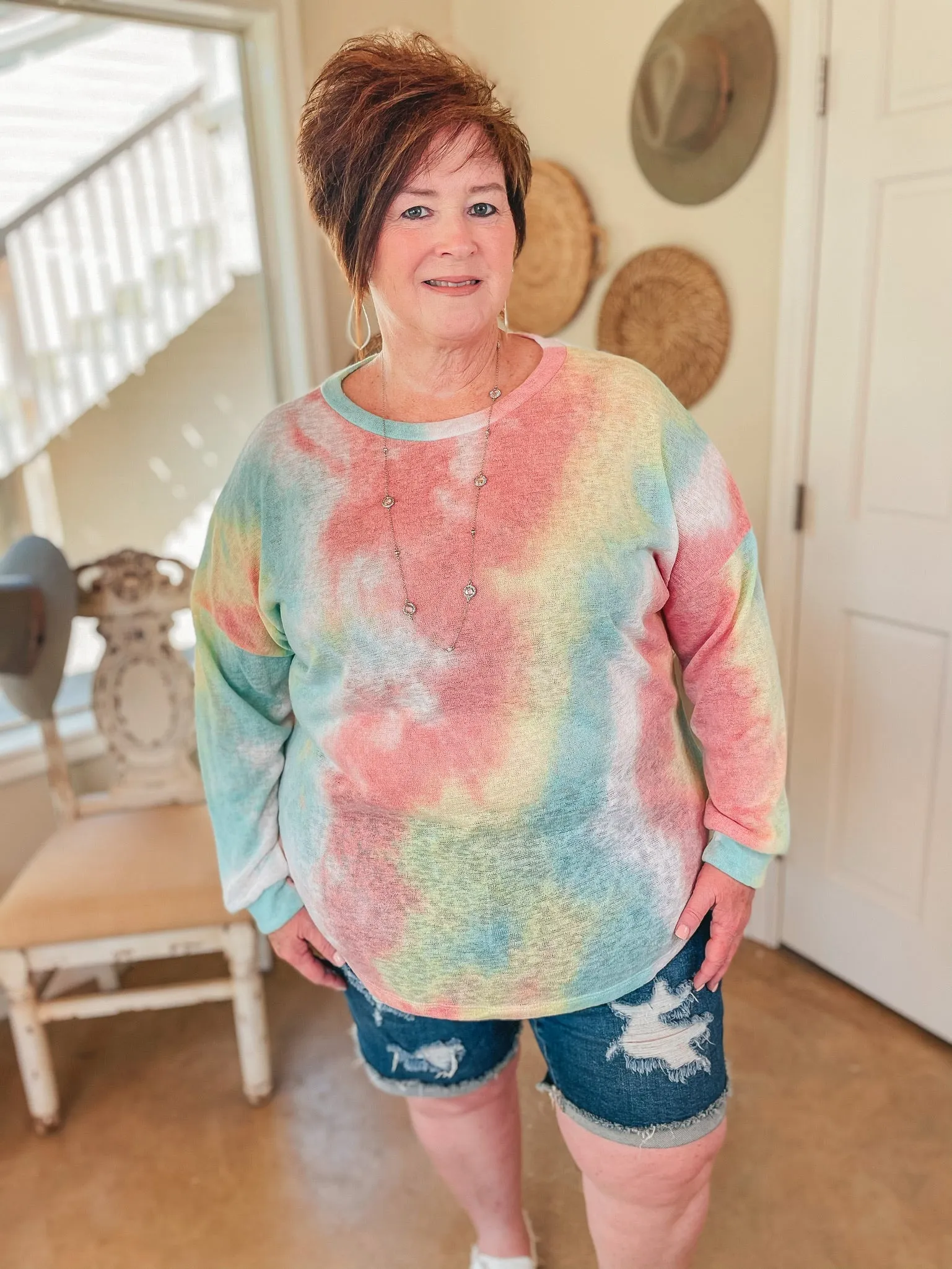 Last Chance Size S/M & M/L | Lighten Up Tie Dye Long Sleeve Top in Mint and Coral