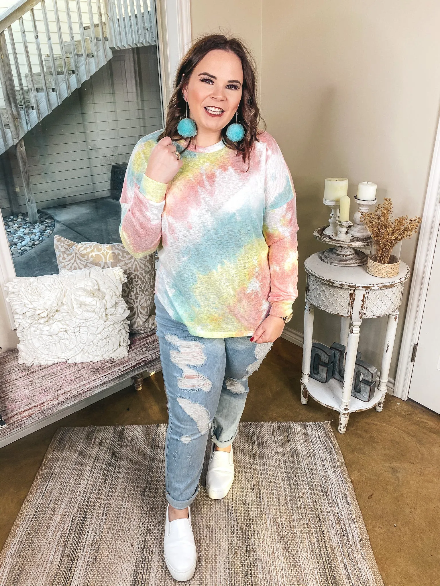 Last Chance Size S/M & M/L | Lighten Up Tie Dye Long Sleeve Top in Mint and Coral