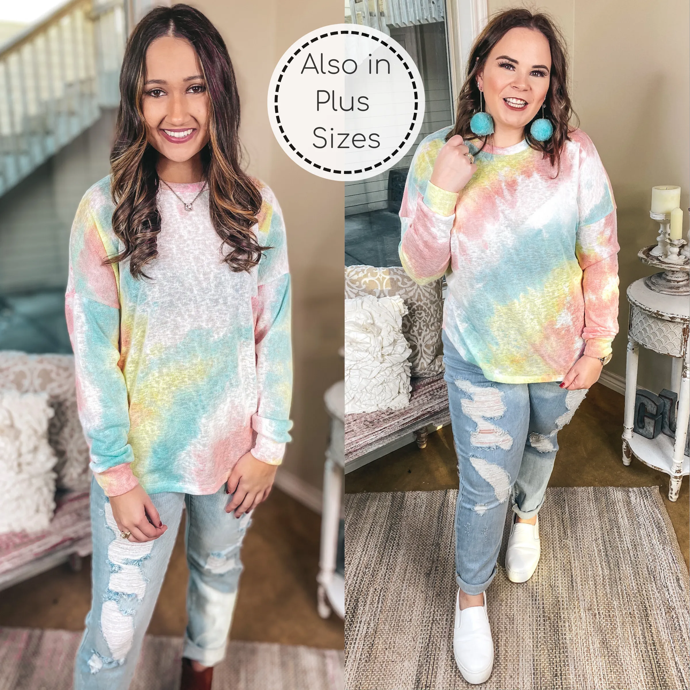 Last Chance Size S/M & M/L | Lighten Up Tie Dye Long Sleeve Top in Mint and Coral