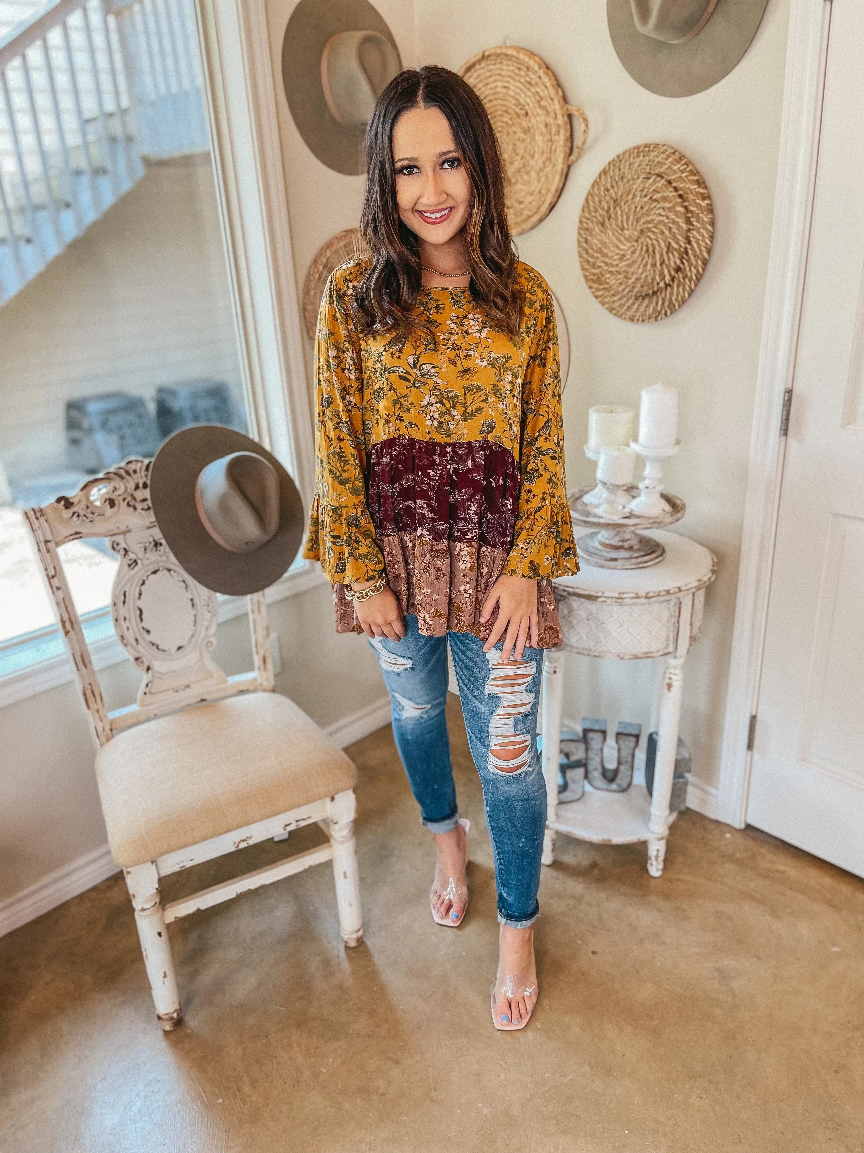 Last Chance Size Small | Falling For Style Floral Ruffle Tier Long Sleeve Top in Taupe, Mustard, and Burgundy