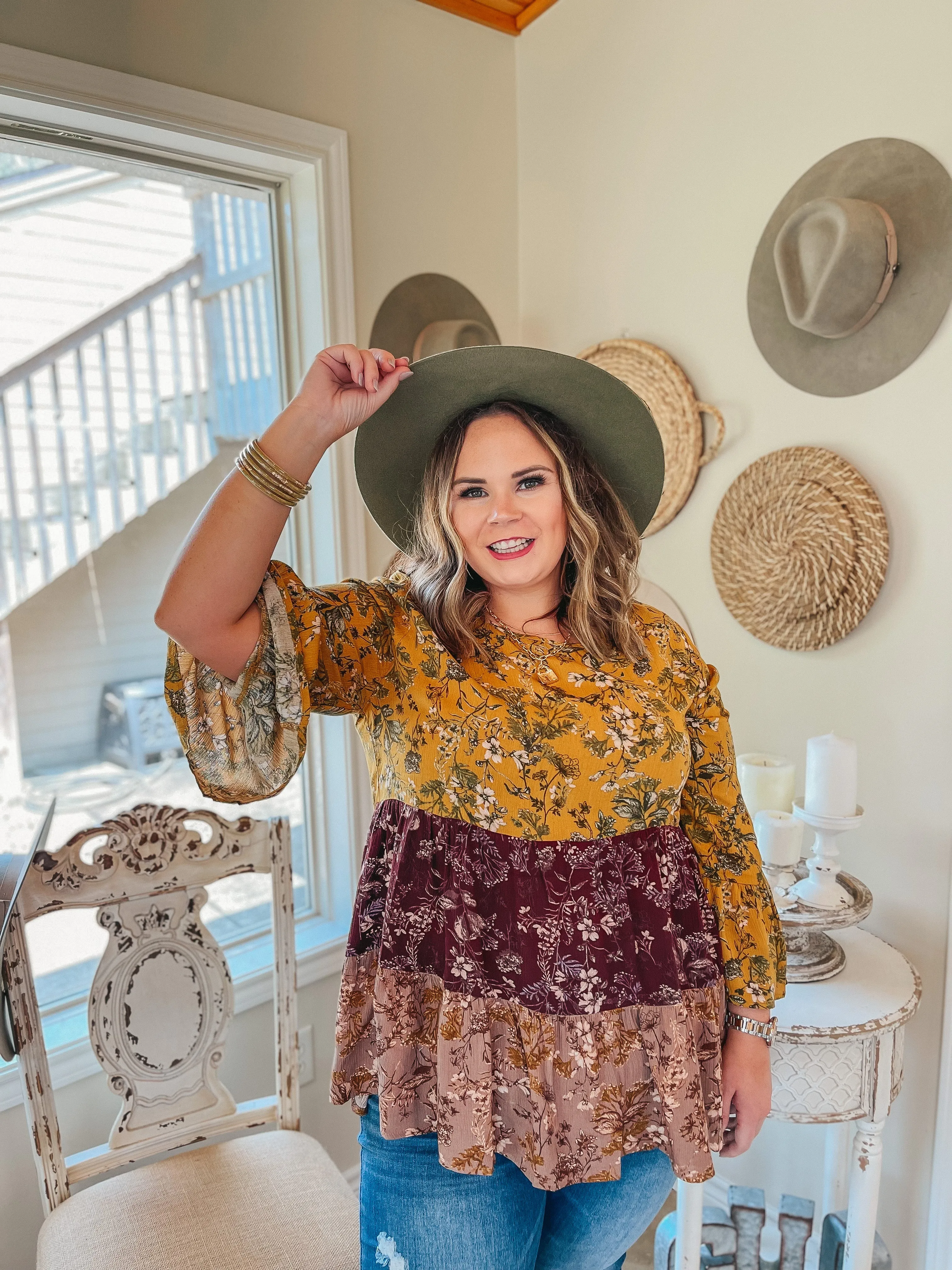 Last Chance Size Small | Falling For Style Floral Ruffle Tier Long Sleeve Top in Taupe, Mustard, and Burgundy