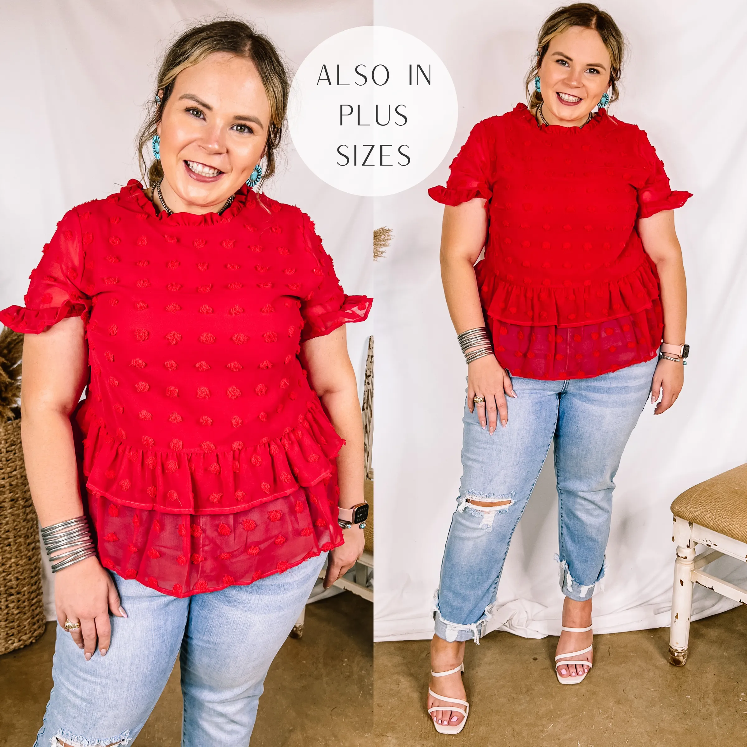 Last Chance Size Small, Medium & Large | Garden Graceful Swiss Dot Ruffle Peplum Top in Red