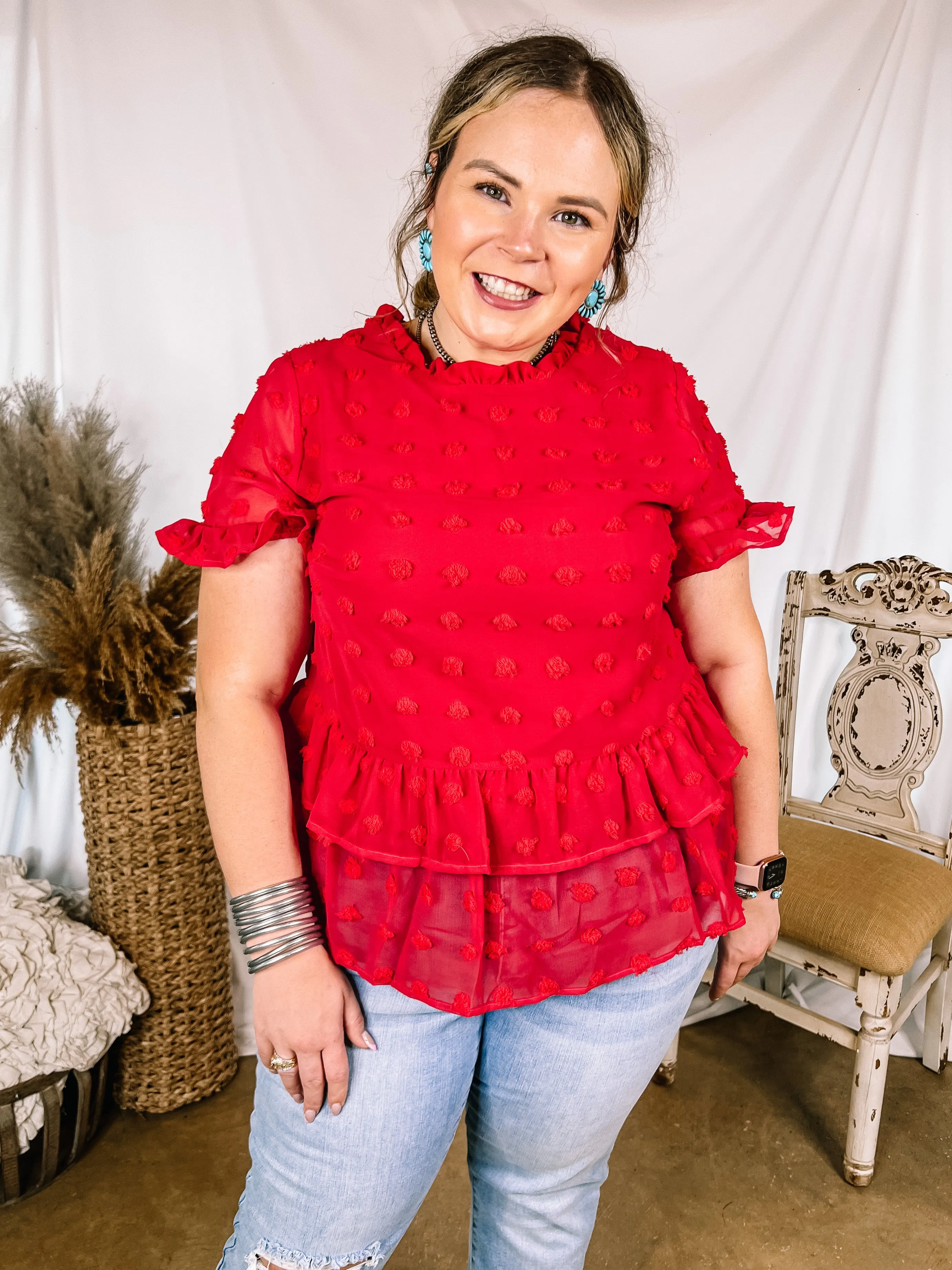 Last Chance Size Small, Medium & Large | Garden Graceful Swiss Dot Ruffle Peplum Top in Red