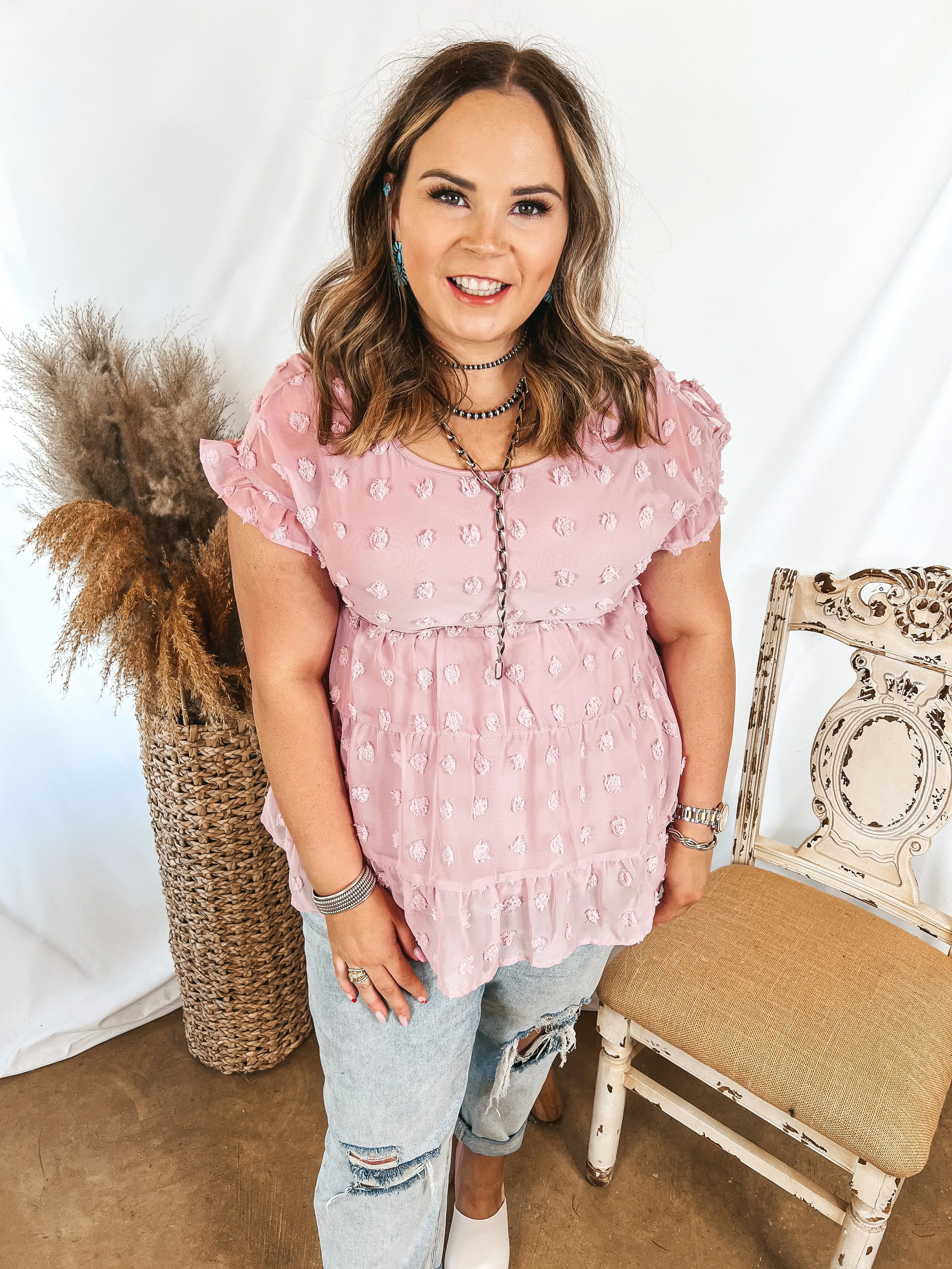 Last Chance Size Small | Such A Delight Tiered Swiss Dot Top with Ruffle Cap Sleeves in Mauve Purple