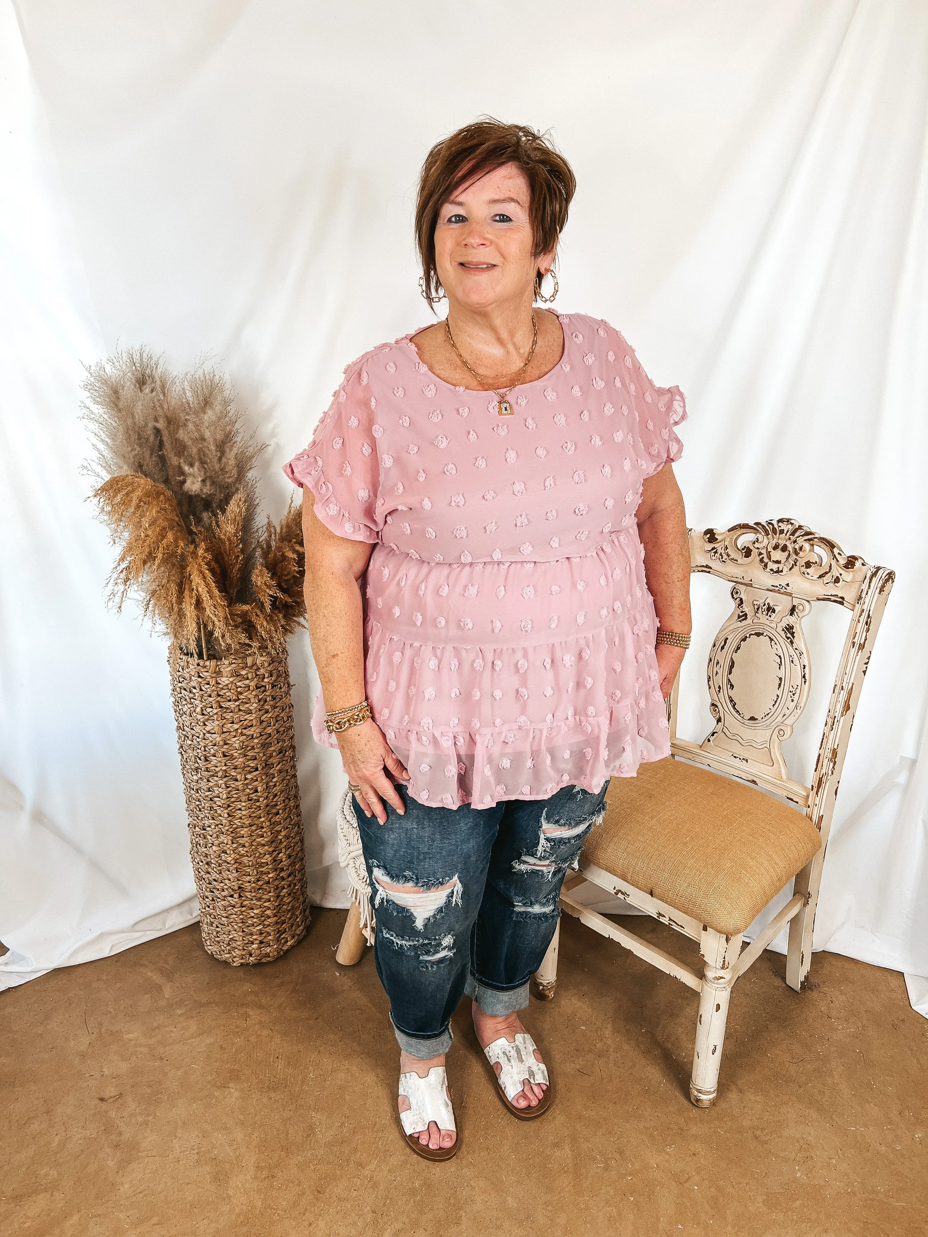 Last Chance Size Small | Such A Delight Tiered Swiss Dot Top with Ruffle Cap Sleeves in Mauve Purple