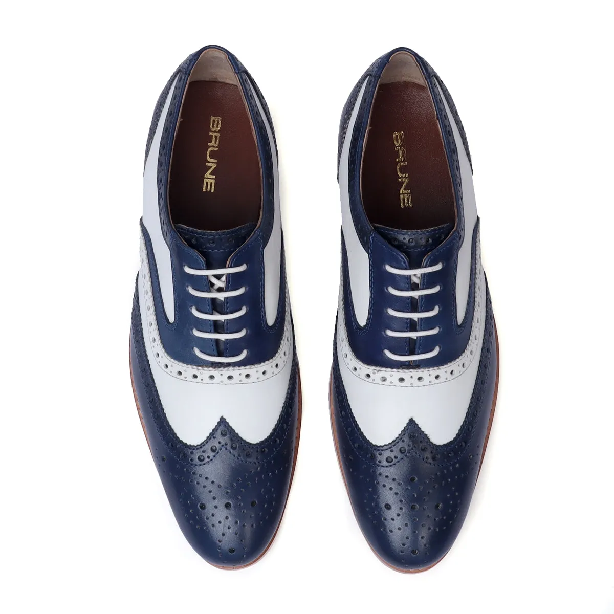 Men's Chic Dual Tone White Blue Genuine Leather Brogue Oxford Lace-up Shoes By Brune & Bareskin