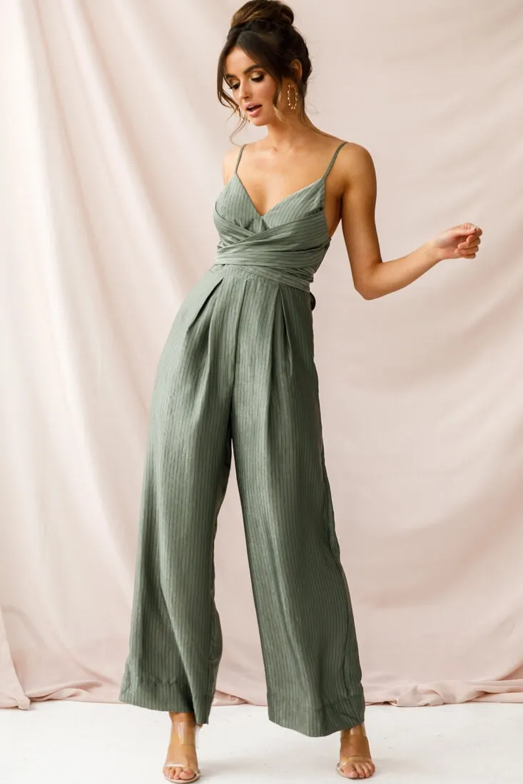 Nancy Wide Leg Pinstripe Jumpsuit Olive