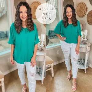 On Record V Neck Short Sleeve Shift Top with Front Pocket in Jade Green