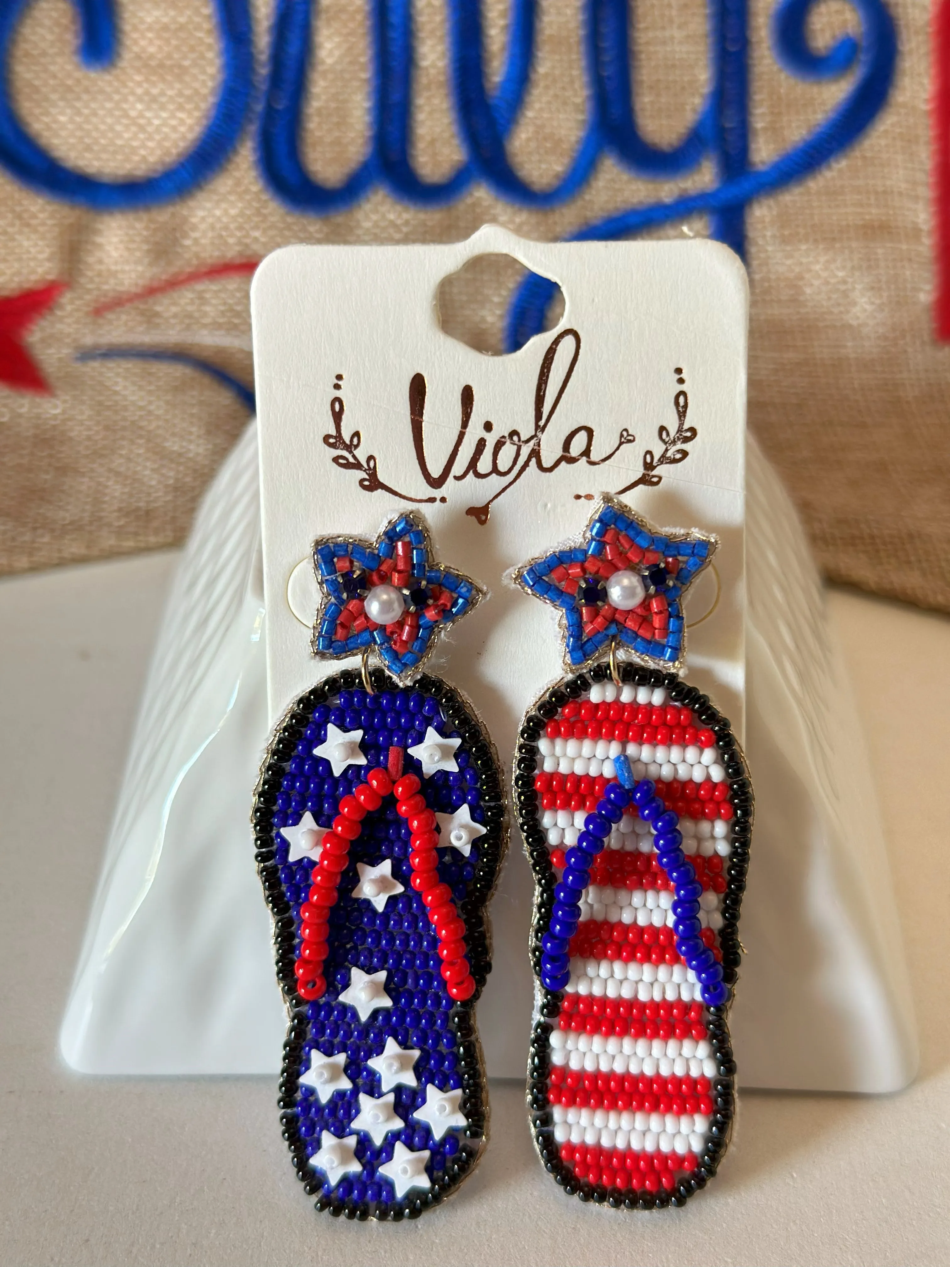 Red, White and Blue Patriotic Flag Flip Flops under Stars Earrings