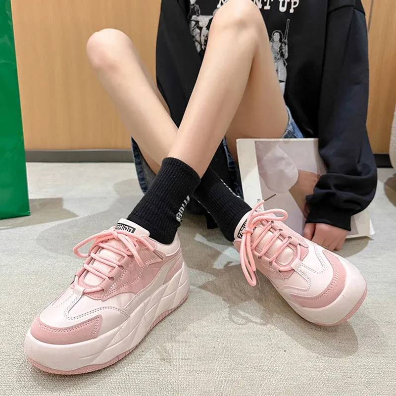 Sohiwoo Mix Color Chunky Platform Sneakers Women  Spring Pu Leather Casual Sport Shoes Woman Non Slip Thick Soled Vulcanized Shoes