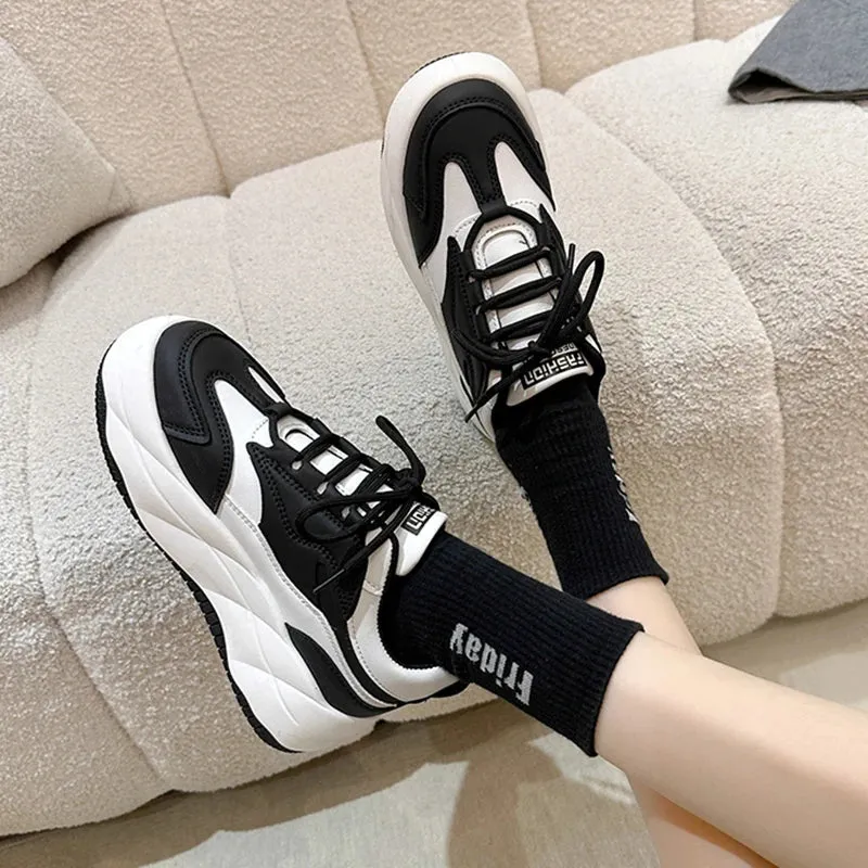 Sohiwoo Mix Color Chunky Platform Sneakers Women  Spring Pu Leather Casual Sport Shoes Woman Non Slip Thick Soled Vulcanized Shoes