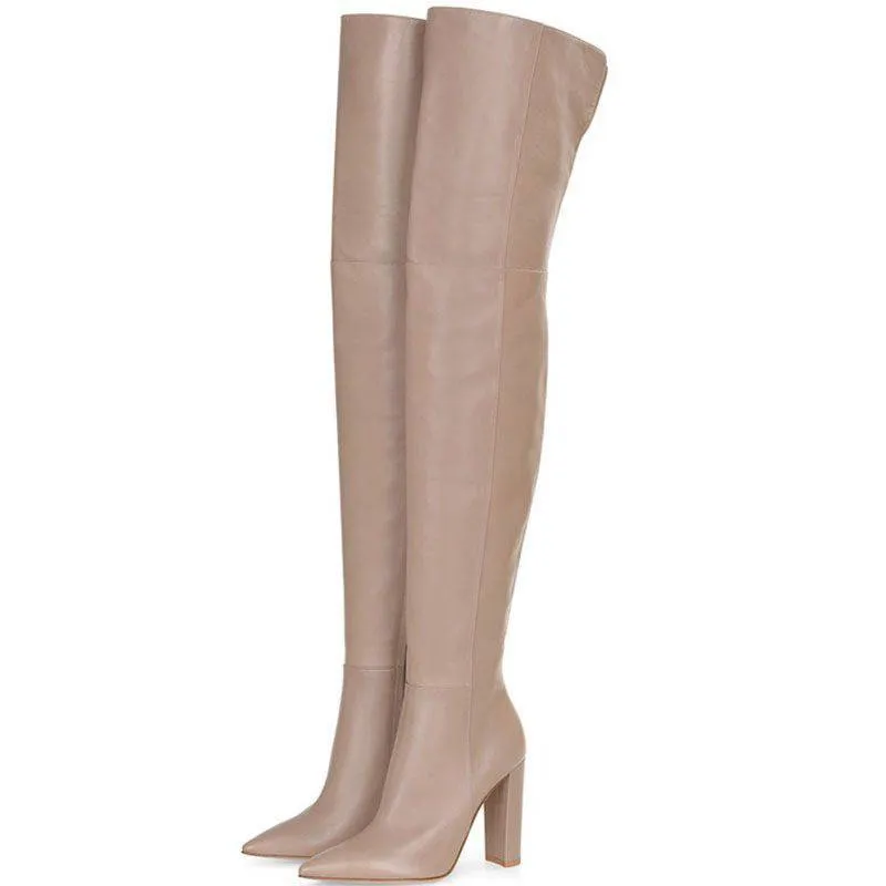 Soild Genuine Leather Pointed Toe Round Heel Over The Knee Boots with Side Zipper