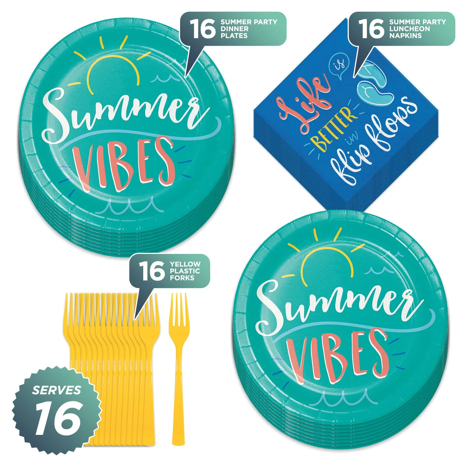 Summer Party Fun Sayings Paper Dinner Plates, Napkins, and Forks (Serves 16)