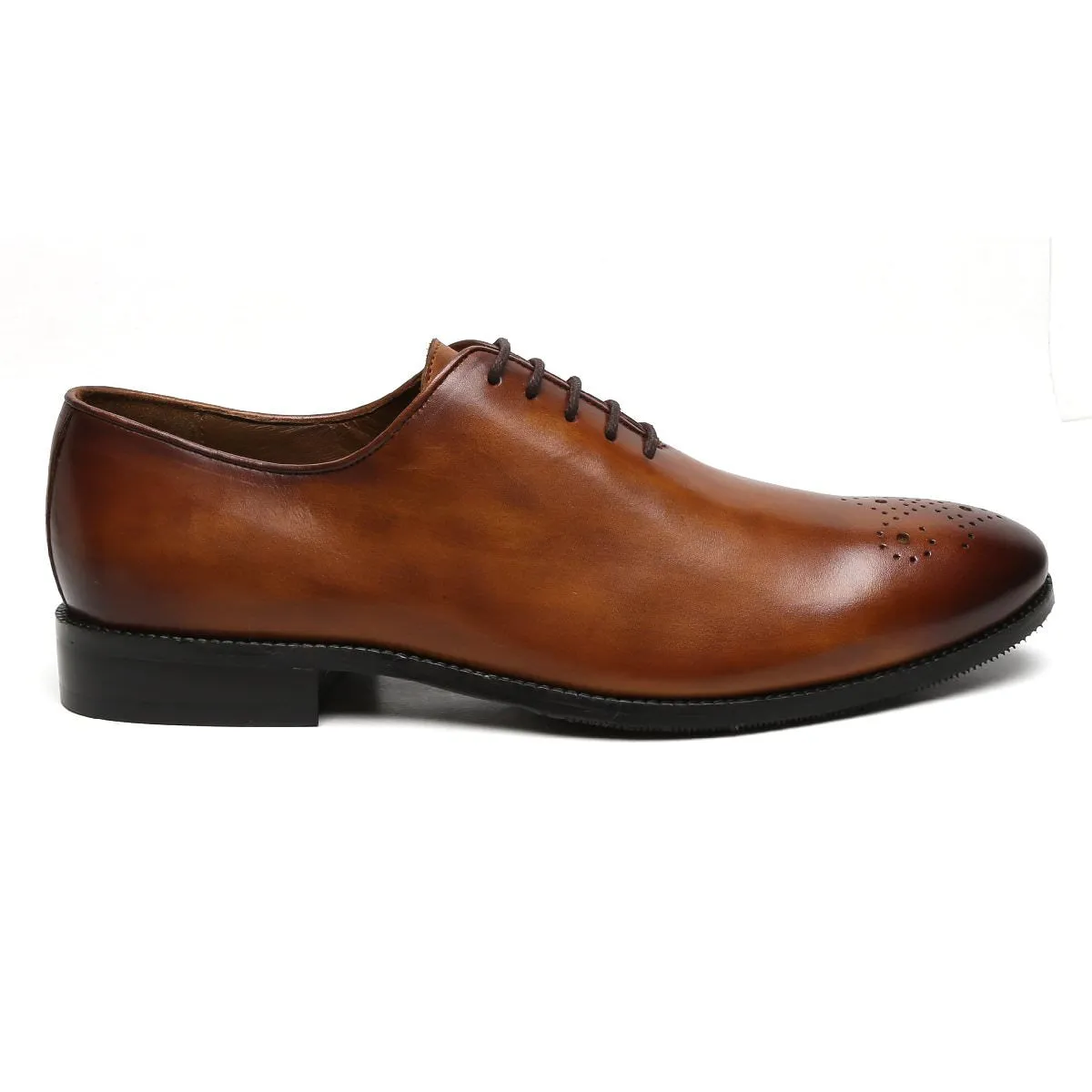 Tan Leather Oxford Lace-Up Shoes Whole Cut/One Piece Medallion Toe